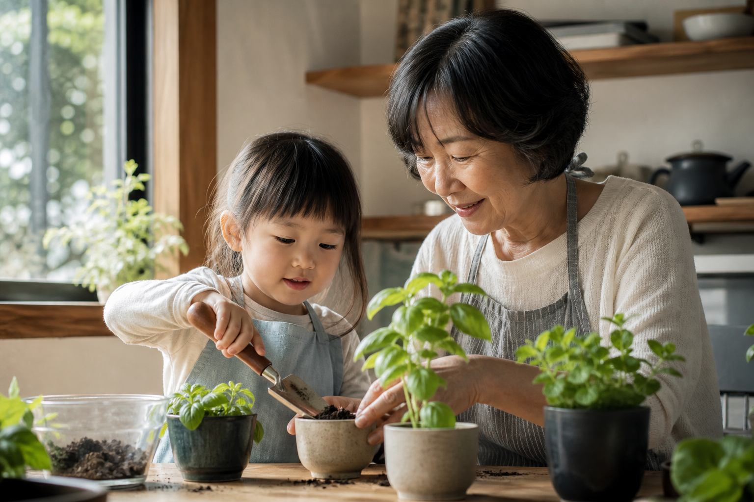 窓辺で孫と植物を育てる祖母