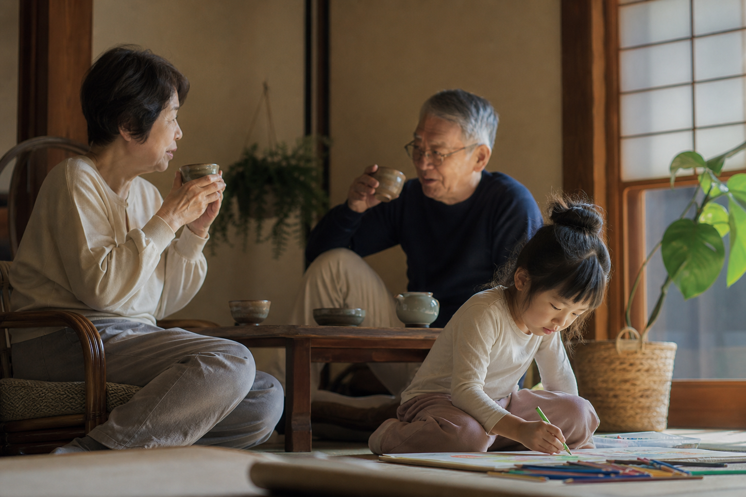 地域の子育て拠点で祖父母とスタッフが孫の預かりについて相談する様子