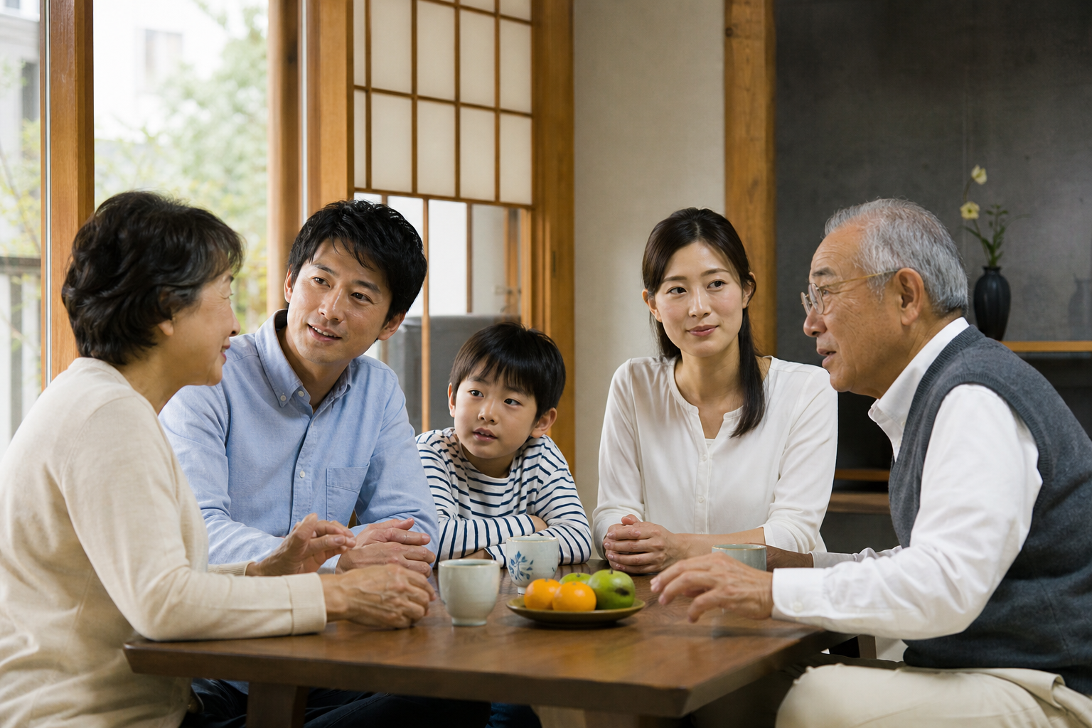 食卓を囲んで予定表を見ながら話し合う三世代の家族