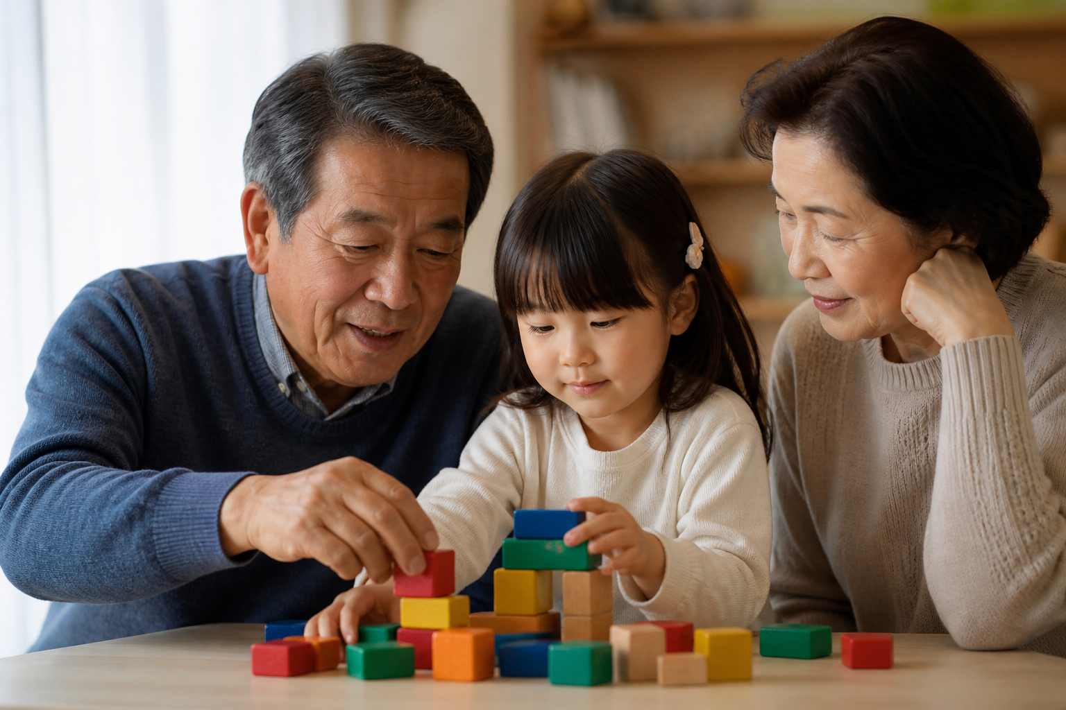 ノートに一週間の記録をつける祖母と、隣で宿題をする孫の様子