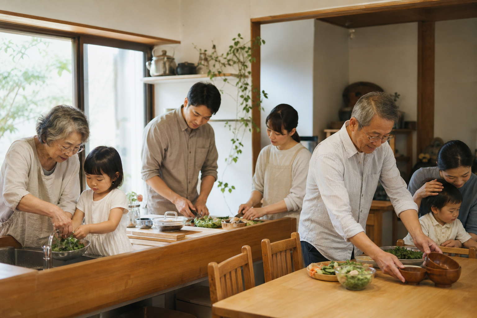 三世代で食事を準備する家族